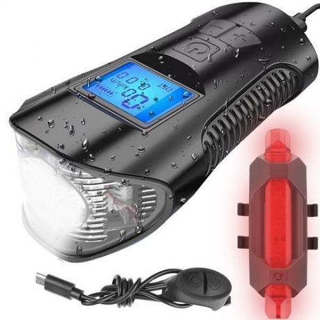 LED svetlo na bicykel USB, vodeodolné, tachometer, el.zvonček